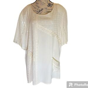LINDA CAPUTO Vintage Short Sleeve, Multi- Pattern Top, Off White, Plus Size 3X